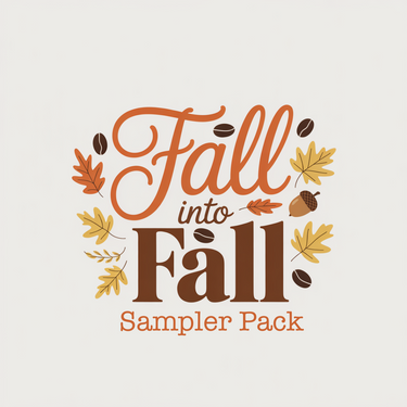 Fall Into Fall Coffee Sampler 🍁 – 3 cozy seasonal flavors in one pack with autumn leaves, acorns, and coffee beans on a white background. Perfect for sampling fall coffees!.
